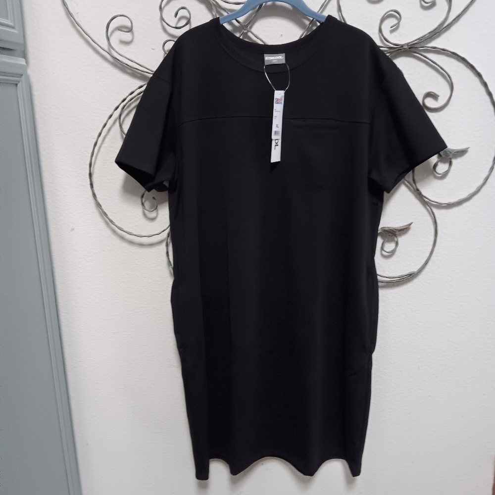 32 Degrees Luxe stretch knit NWT black shift dress with pockets, XL